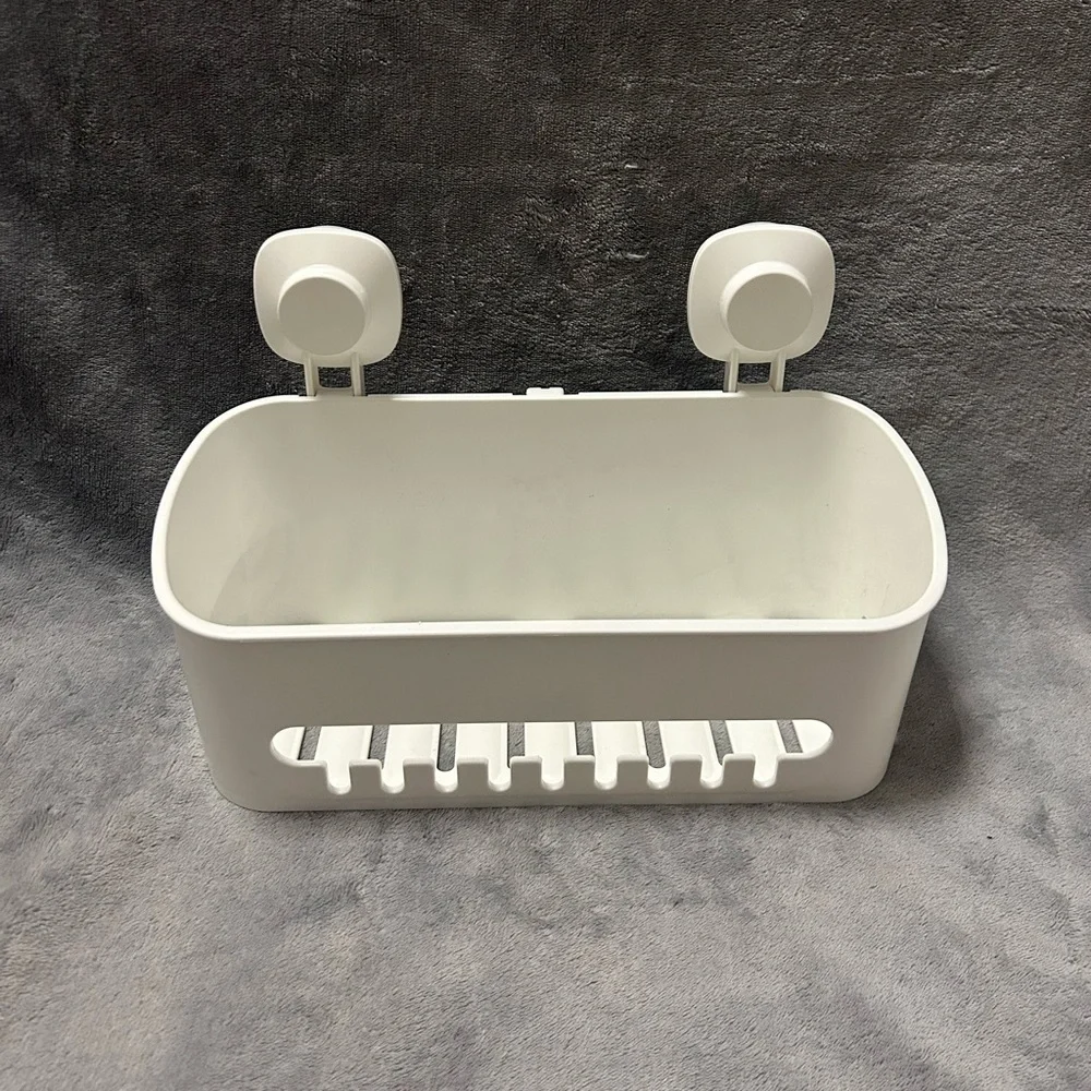 White plastic shower holder caddy basket with suction cup